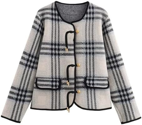 HOULENGS Women's Vintage Button Down Cardigan Sweater Plaid Print Long Sleeve Knit Coat with Pock... | Amazon (US)