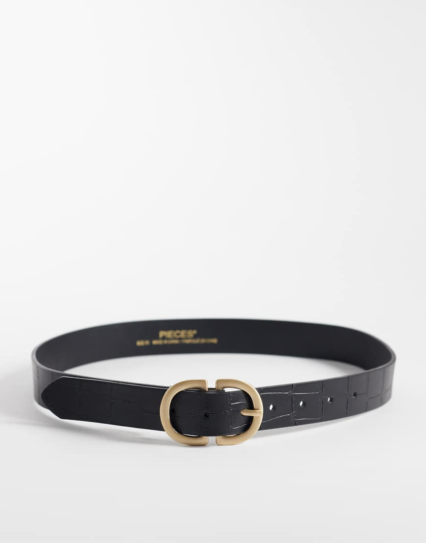 Pieces gold double buckle croc effect belt in black | ASOS (Global)