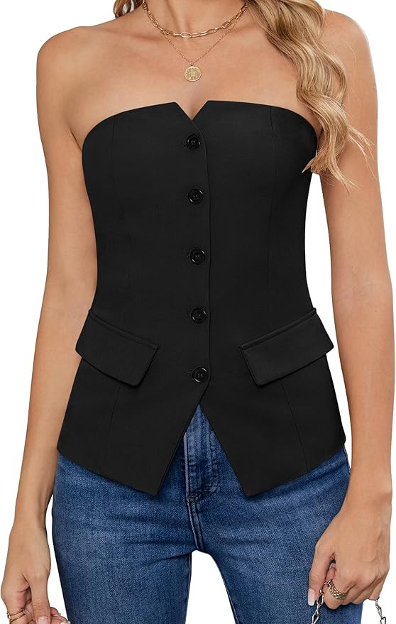 Women's Summer Strapless Vest Tops Notched Neck Tube Tops Button Fitted Sleeveless Work Business ... | Amazon (US)