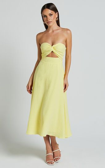 Avie Midi Dress - Twist Strapless Cocktail Dress in Lemon | Showpo (US, UK & Europe)