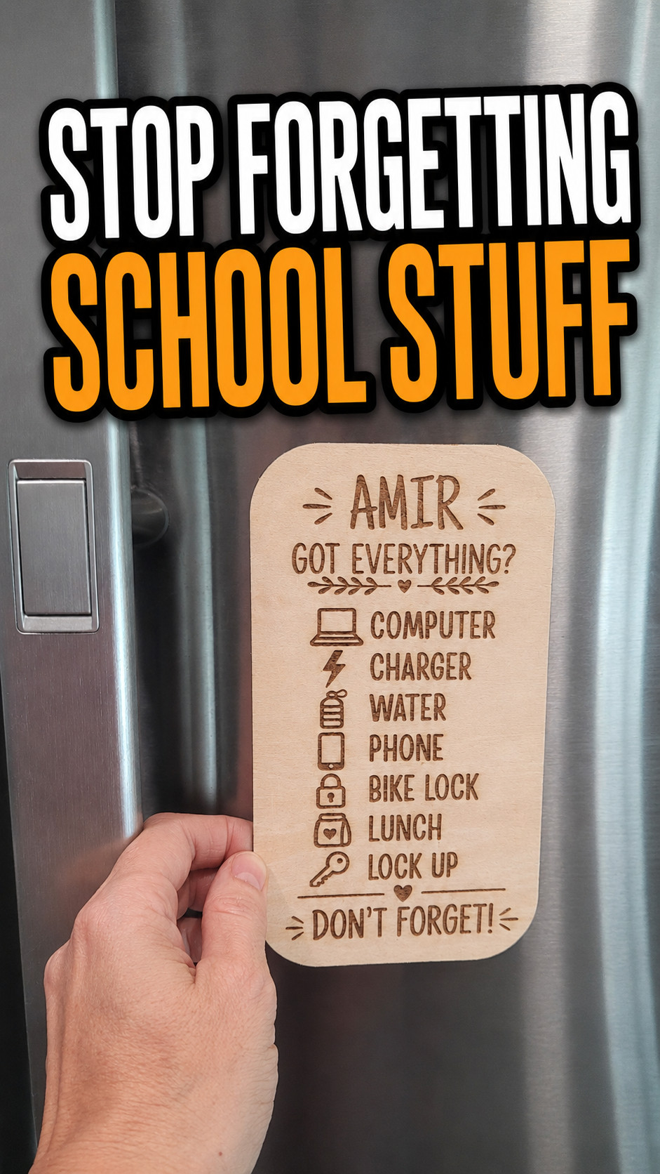 ired of reminding your kids what they need before school every. single. morning? 😅

This personalized morning reminder sign gives kids and teens one quick visual check before they walk out the door — laptop, charger, water bottle, lunch, phone, keys… whatever they tend to forget. 🙃

Personalize it with their name AND the reminders that fit their school routine. Choose a magnetic back for the fridge or metal door, or a twine hanger to hang it right by the door. 🎒

Perfect for back-to-school organization, busy morning routines, forgetful kids and teens, and anyone who does better with a visual reminder. 

 #LTKmomlife #LTKActive #LTKKids