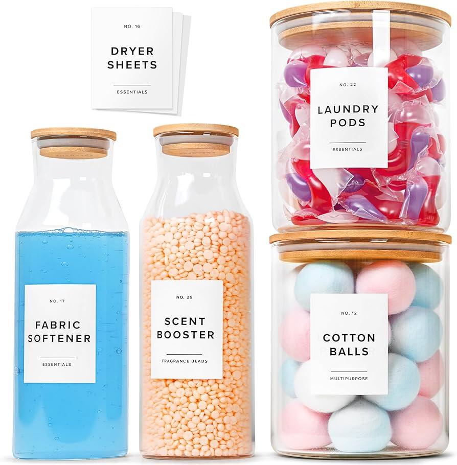 Glass Laundry Detergent Dispenser Containers with 36 Labels - Glass Jars with Lids - Laundry Room... | Amazon (US)
