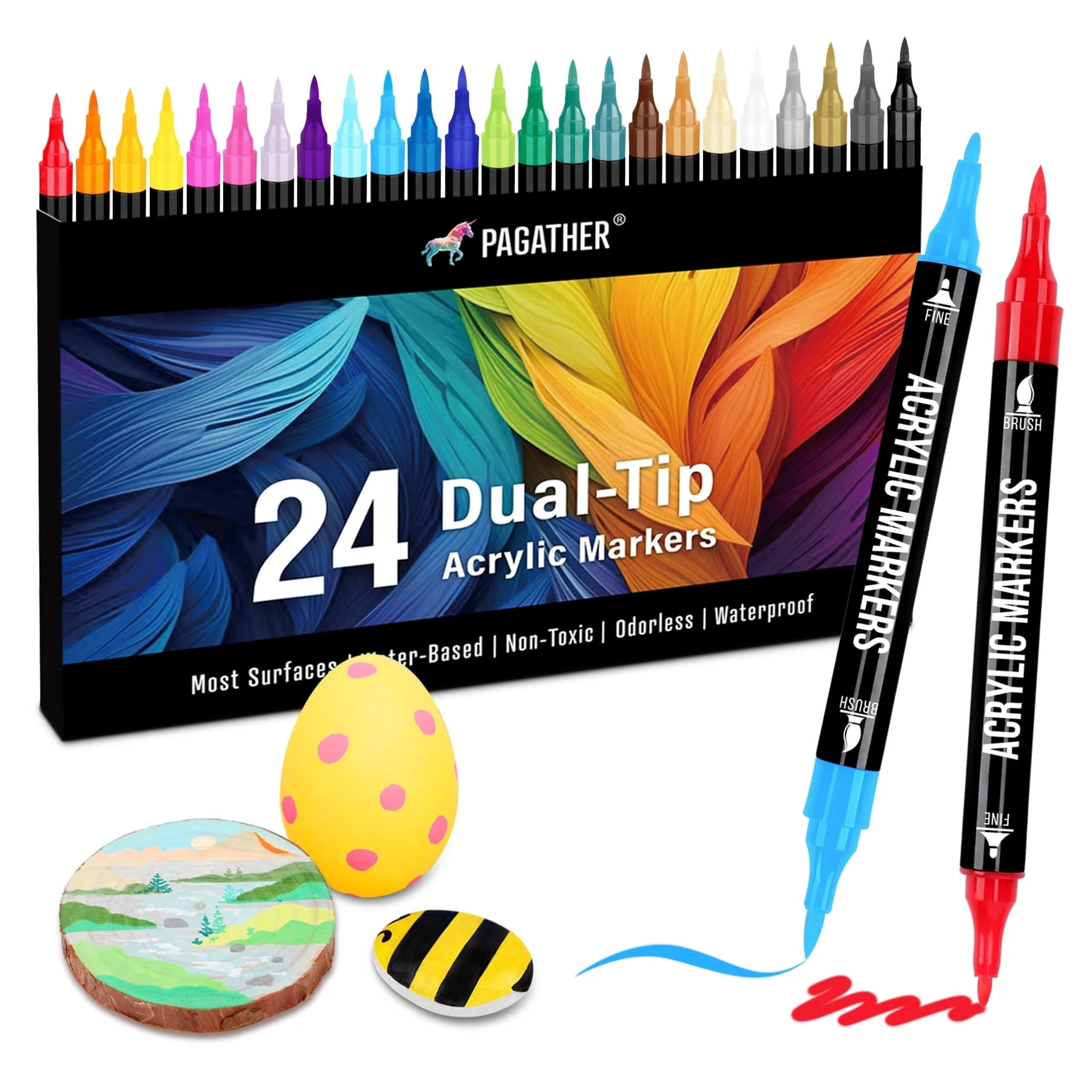 Pagather Acrylic Paint Markers, Dual-Tip Fine and Brush Point, 48 Vibrant Colors, 24 Count | Walmart (US)
