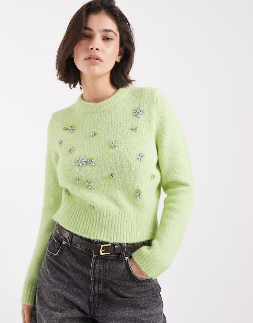 ASOS DESIGN floral embellished tailored fit sweater in green | ASOS (Global)