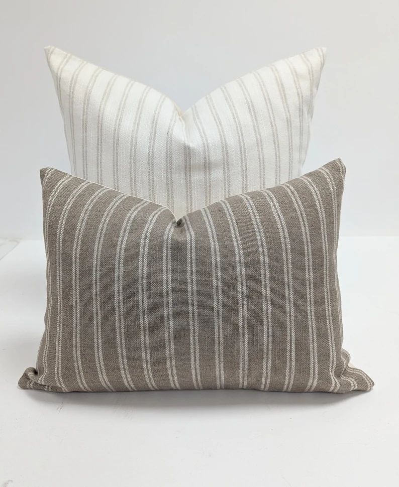 Designer Brown Striped Linen Pillow, Modern Farmhouse Brown Pillow Cover, Modern Traditionnal Dé... | Etsy (US)