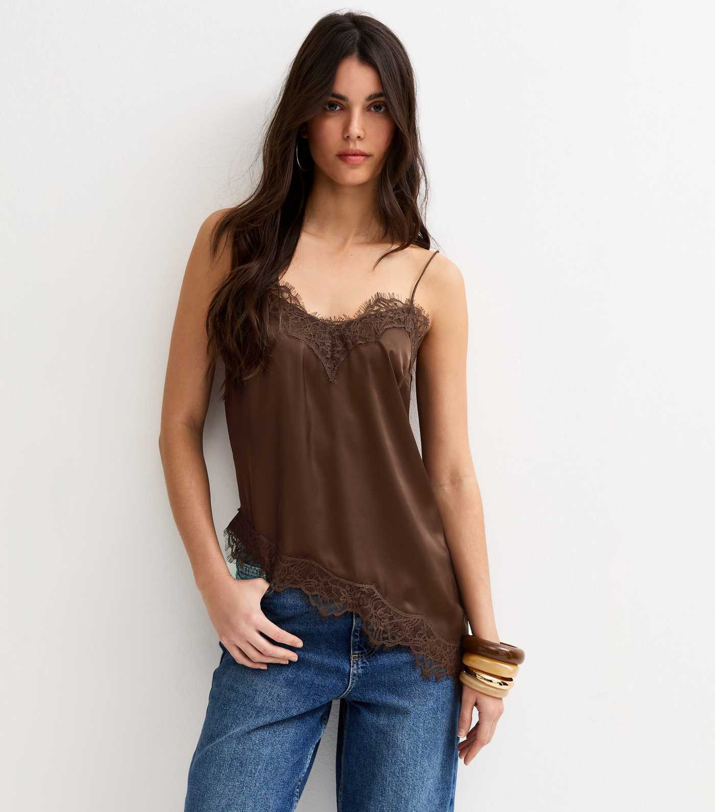 Dark Brown Satin Asymmetric Lace Hem Cami Top | New Look | New Look (UK)