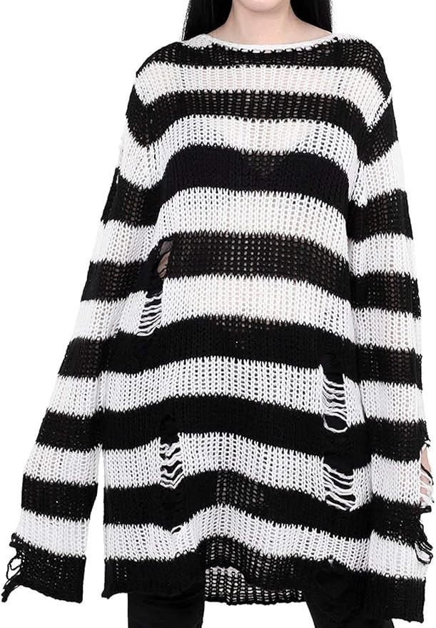 Women's See Through Hole Ripped Striped Long Knit Pullover Dress Sweaters Shirt | Amazon (US)