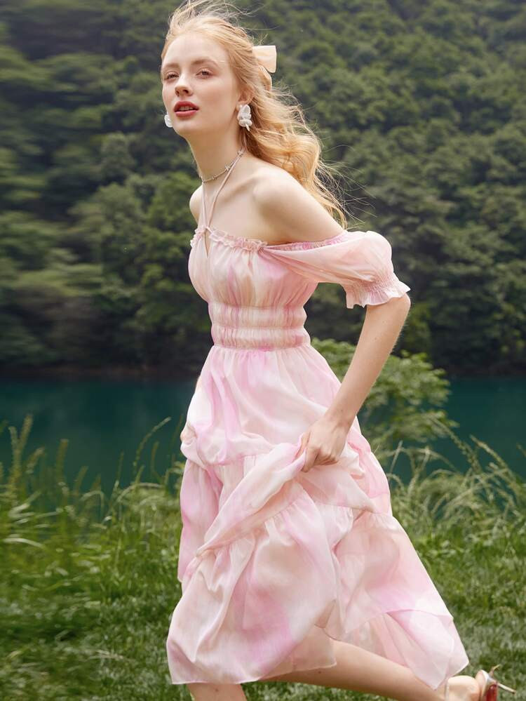 Tie Dye Halter Neck Puff Sleeve Ruffle Hem Dress | SHEIN