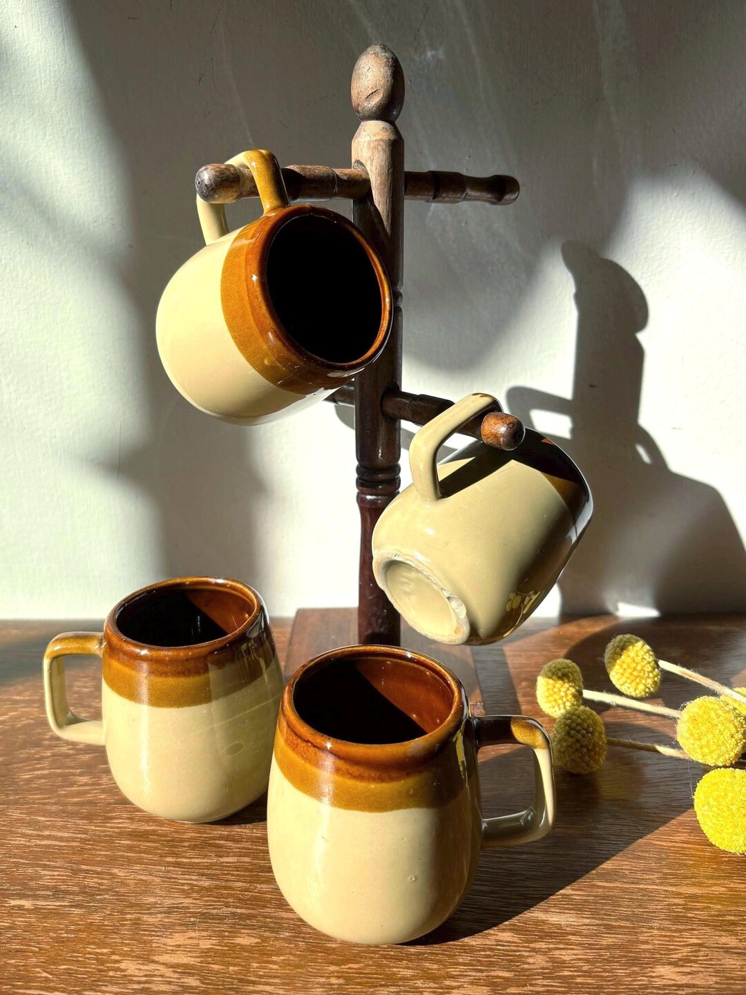 Vintage Brown Tan Beige Small Ceramic Coffee Cups | Set of 4 W Wood Mug Tree Stand | Retro 3-tone... | Etsy (US)