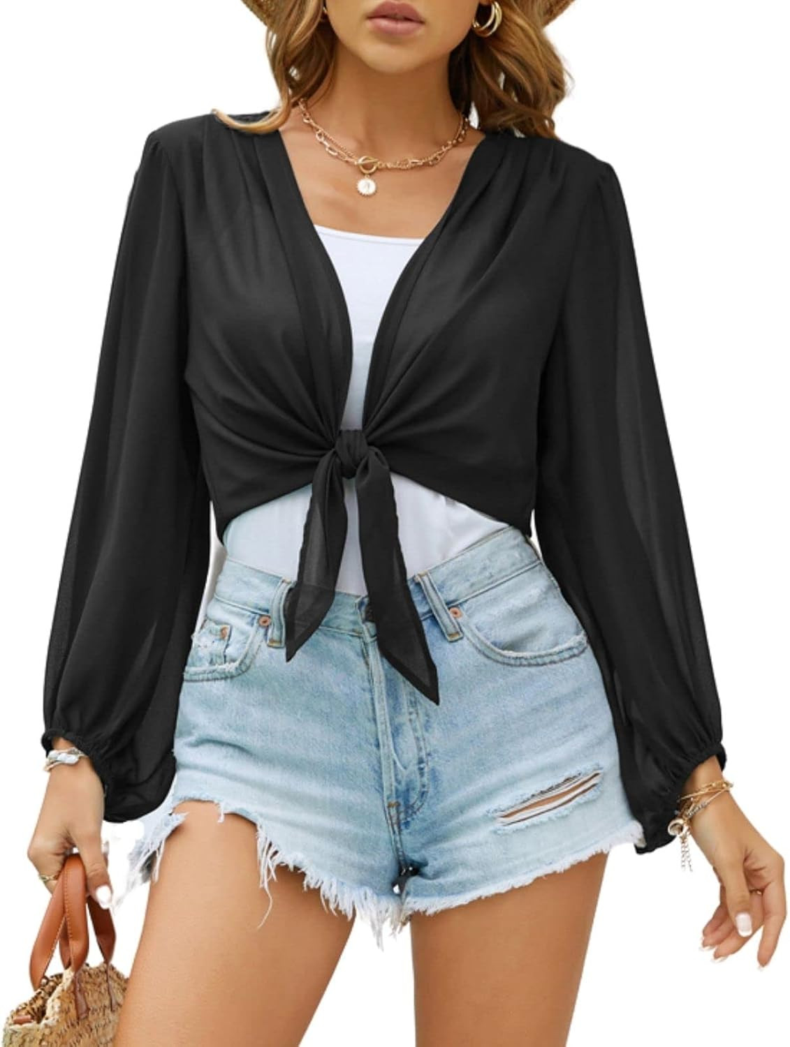 Kate Kasin Shrugs for Women Bolero Shrug Short Sleeve Sheer Chiffon Tie Front Cardigan | Amazon (US)