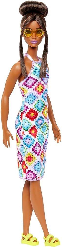Barbie Fashionistas Doll #210 with Brown Hair in Bun, Wearing Colorful Crochet Halter Dress, Sung... | Amazon (US)