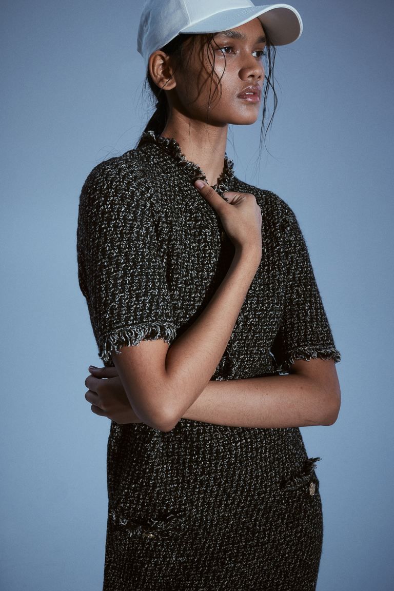 Fringe-trimmed Textured-knit Dress - Black/patterned - Ladies | H&M US | H&M (US + CA)