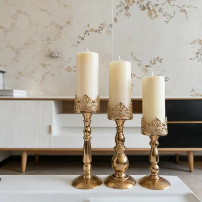 Vintage Gold Candle Holders Set Of 3 - Tall Decorative Pillar Candle Stand For Table Centerpieces, Home Decor, Weddings And Events | Wayfair North America