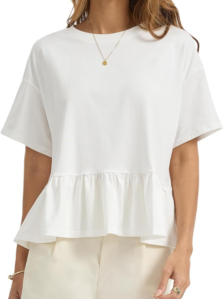 Women's Babydoll Peplum Tops, Crew Neck Cotton Ruffle Hem Short Sleeve Daily Wear Loose Fit Summe... | Amazon (US)