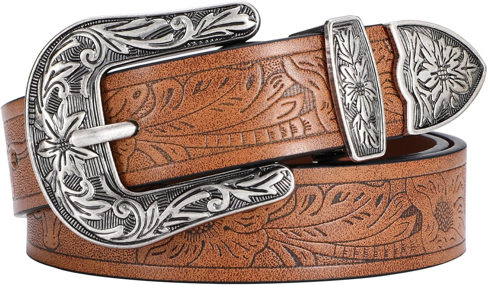 SANSTHS Western Belt For Women, Womens Cowboy Belt For Pants Jeans With Vintage Floral Carved Des... | Amazon (US)