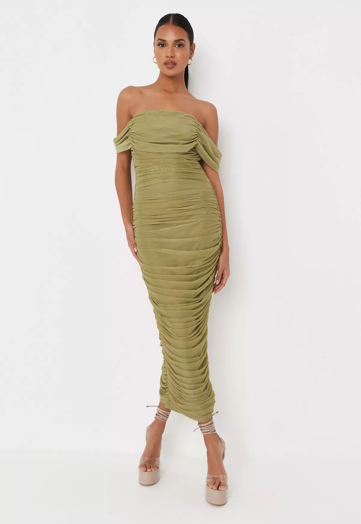 Khaki Mesh Ruched Bardot Midaxi Dress | Missguided (US & CA)