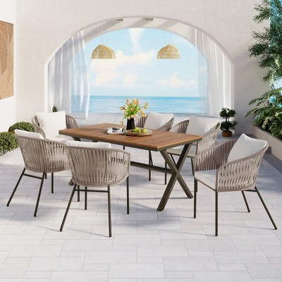 ModernLuxe 7pcs Patio Dining Sets, All-Weather Outdoor Furniture Set with Dining Table and Chairs, Acacia Wood Tabletop, Metal Frame, Beige | Target