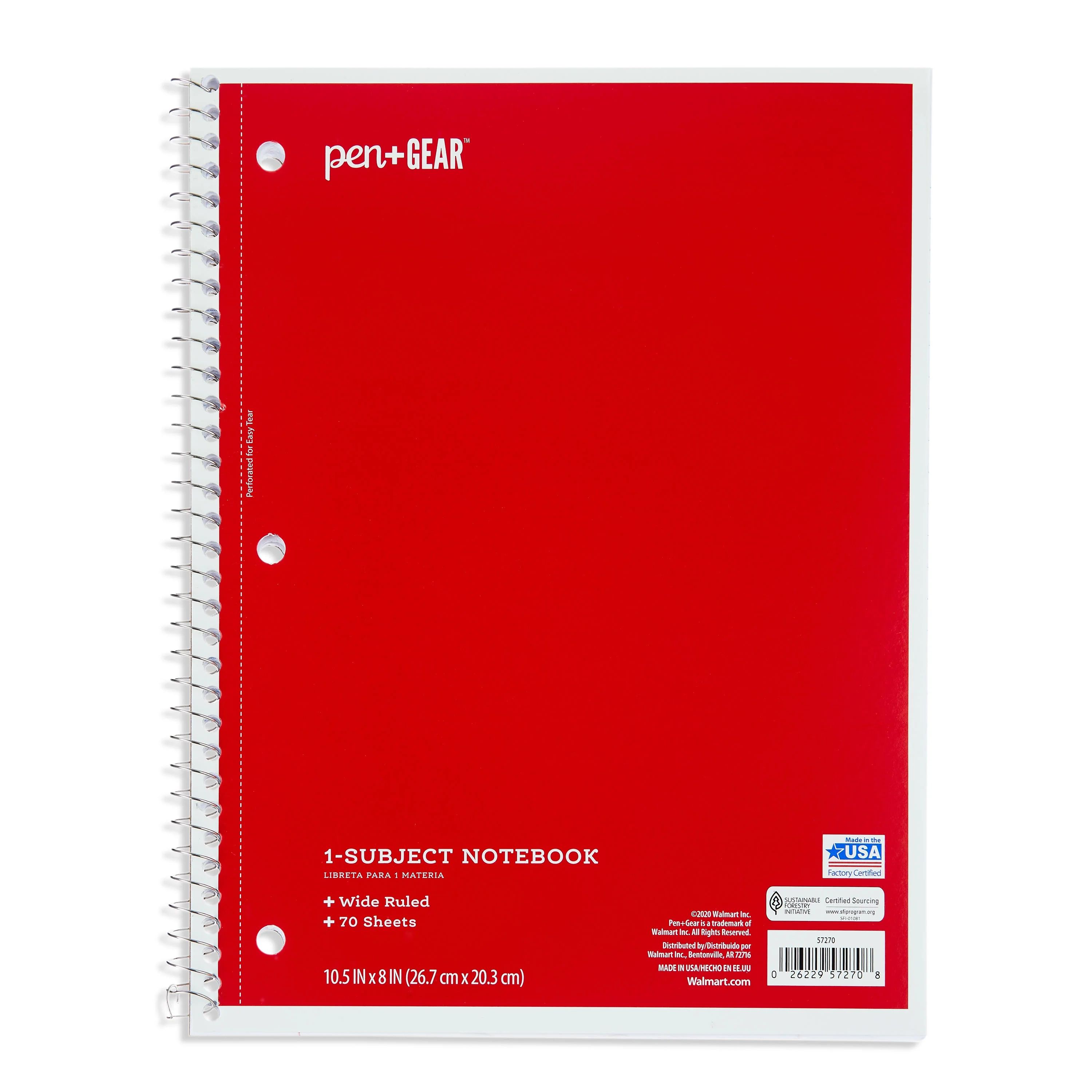 Pen+Gear 1-Subject Notebook, Wide Ruled, 70 Sheets, Red | Walmart (US)