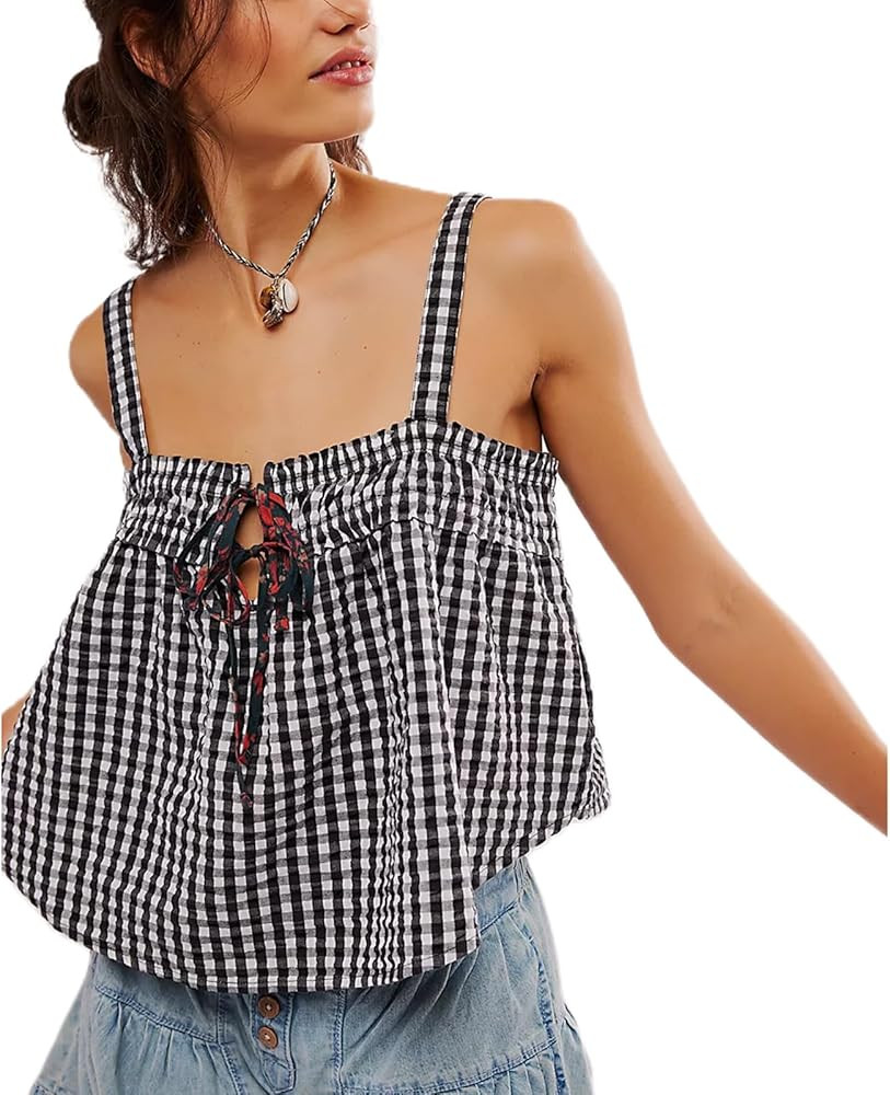 Women Y2K Tie Front Gingham Crop Tank Tops Square Neck Sleeveless Plaid Camisoles Summer Cute Bac... | Amazon (US)