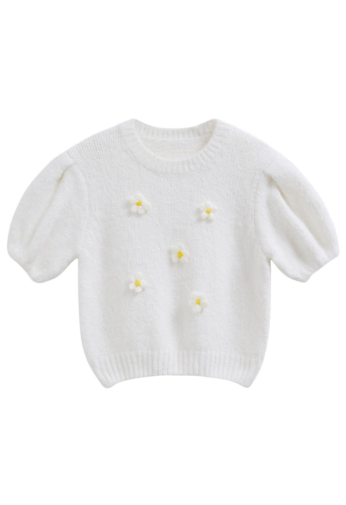 Crochet Flower Bubble Short-Sleeve Sweater in White | Chicwish