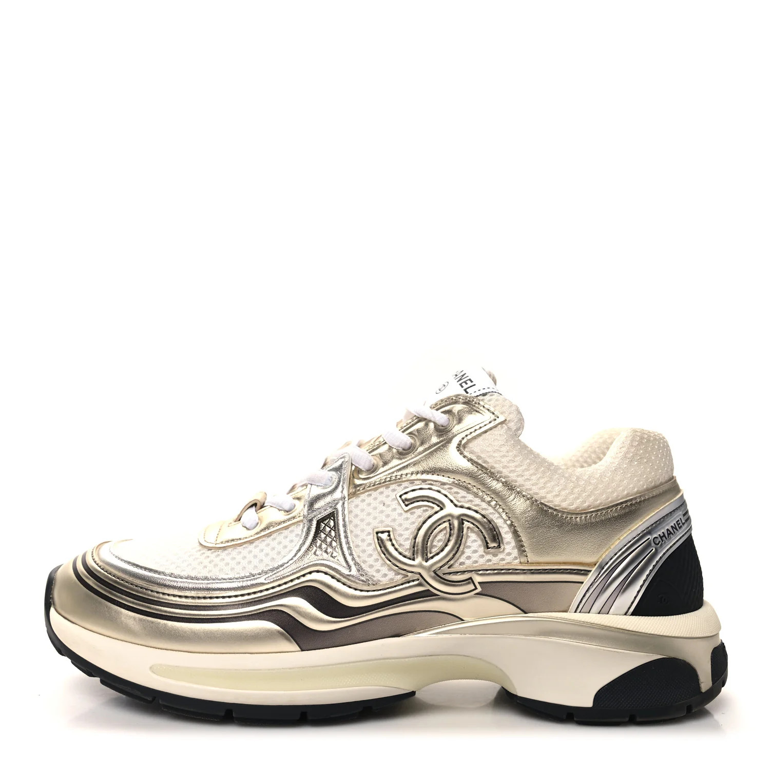 Fabric Laminated Calfskin Stretch CC Sneakers 39.5 White Gold Silver | FASHIONPHILE (US)