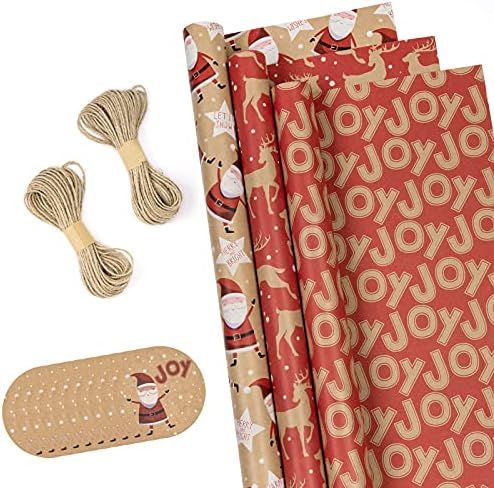 RUSPEPA Christmas Wrapping Paper Rolls with Tags and Jute String - 17 inches x 10 feet per Roll, ... | Amazon (US)