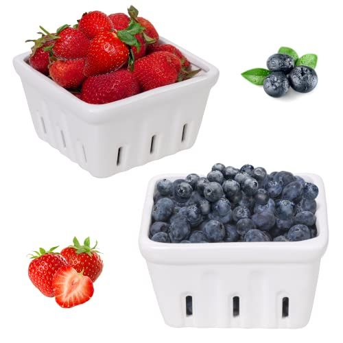 Zen People Ceramic Berry Basket | Reusable Stoneware Berry Bowls with Holes | Porcelain Fruit Colander | Strainer | Set of 2 Berry Boxes, White | Amazon (US)