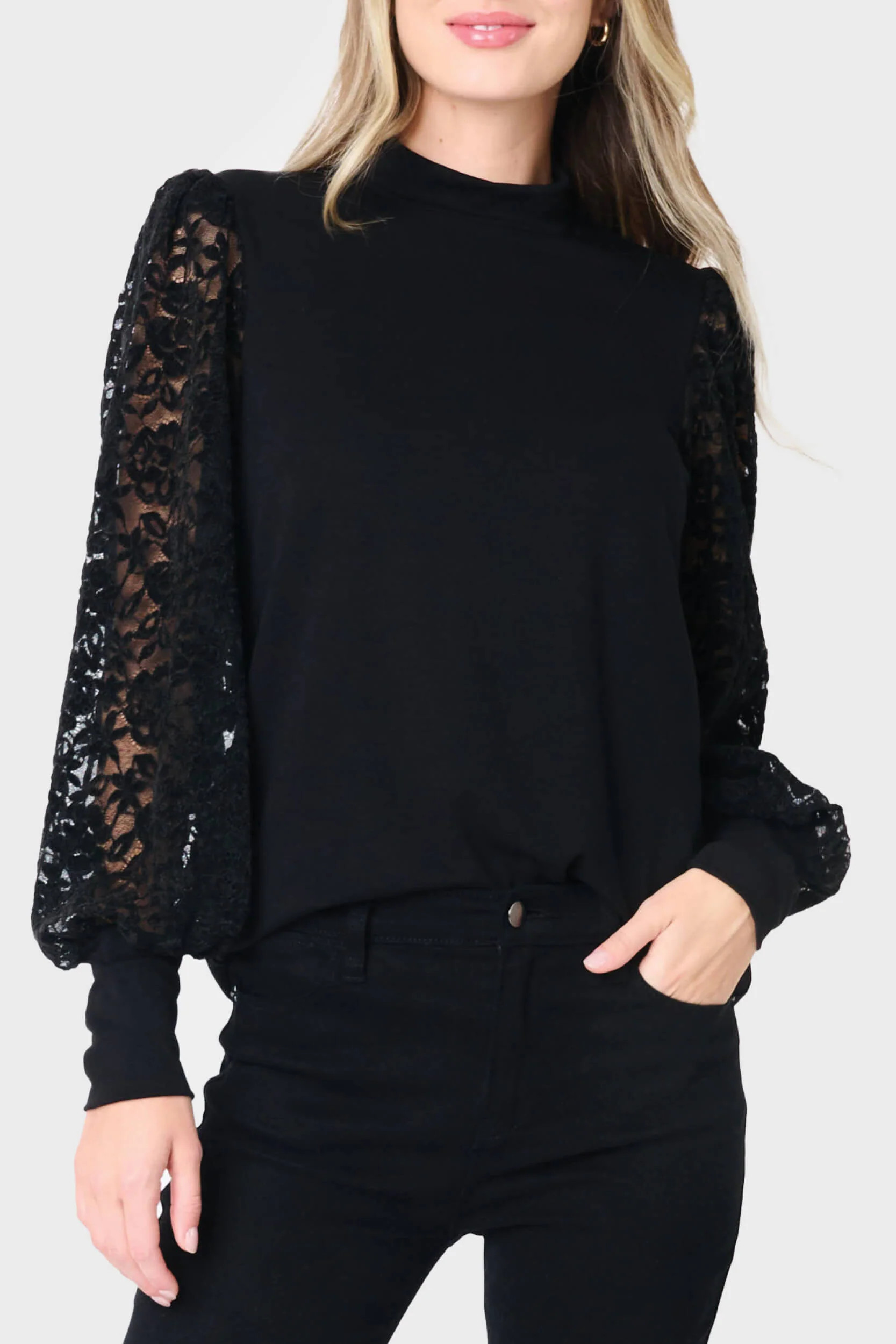 Long Sleeve Lace High Neck Knit Mix Top | Gibson