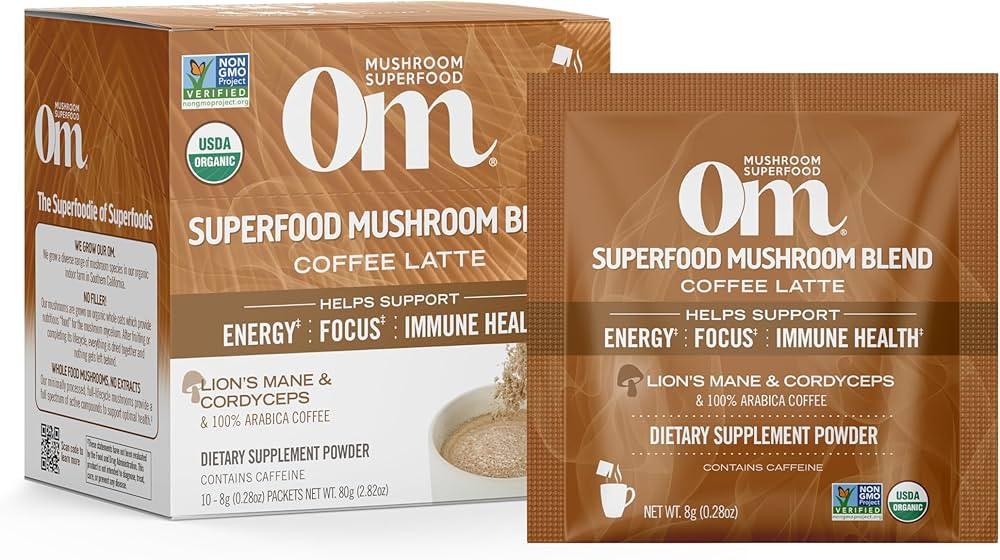 Om Mushroom Superfood Coffee Latte Blend Mushroom Powder, Single Serve, 10 Count, Lion's Mane, Co... | Amazon (US)