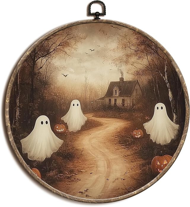 Yorhifa Vintage Ghost Pumpkin Halloween Framed Wall Art, Cute Spooky Ghost Round Wall Art, Dark C... | Amazon (US)