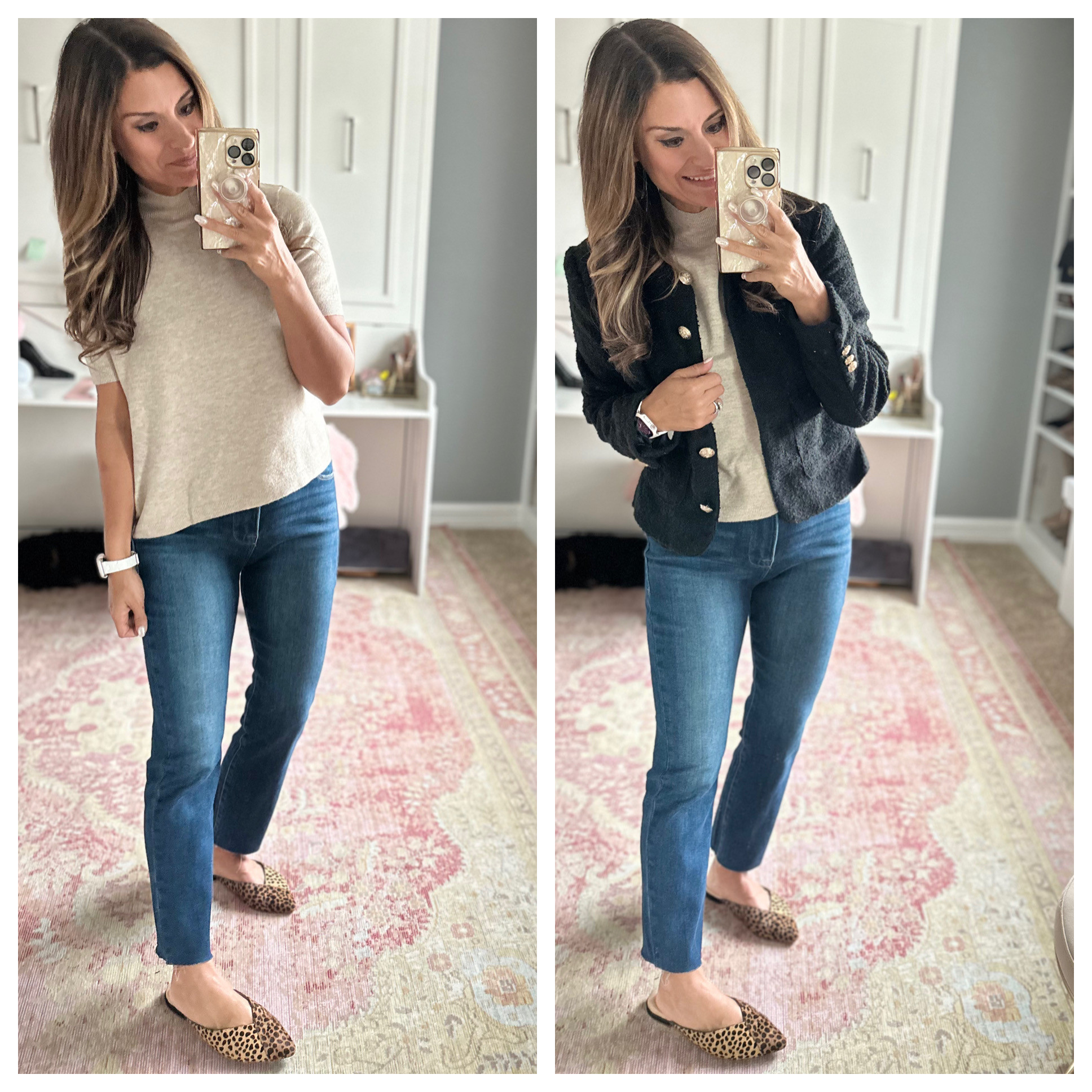 Casual look for fall with a tan shirt, black blazer, jeans, and leopard shoes 

 #LTKFindsUnder50 #LTKFindsUnder100 #LTKStyleTip