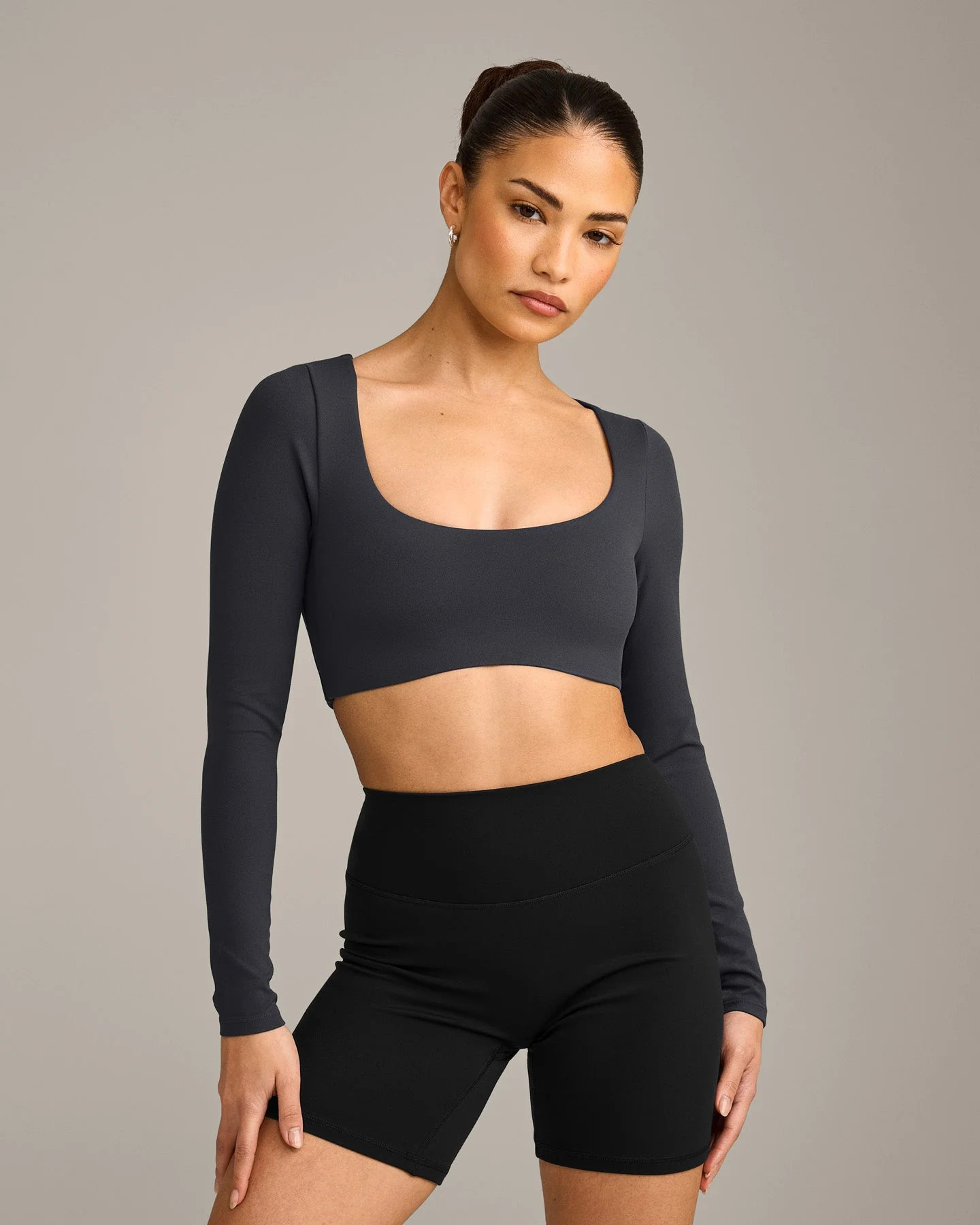 SoftMotion™ Scoop Neck Long Sleeve Crop Top with Built in Bra Shelf with Grey Logo 
 Coal | Oner Active (UK / US)