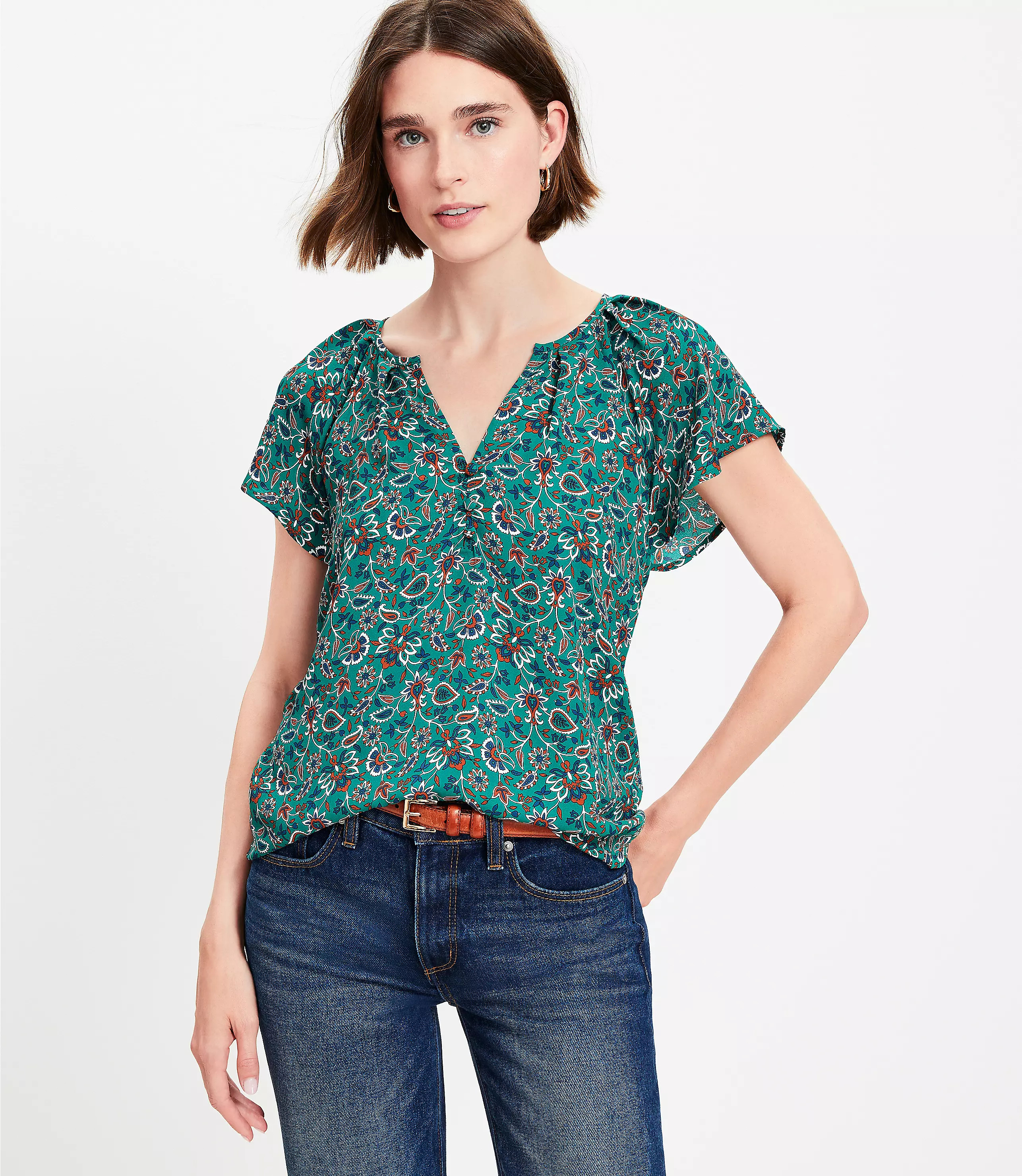 Petite Vine Flutter Sleeve Mixed Media Shell | LOFT