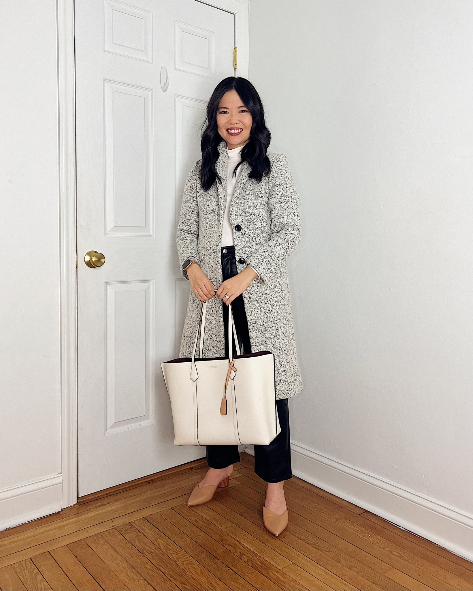 Gray coat (XSP)
Winter coat
White mock neck top (XS)
Faux leather pants (27P)
Black pants
Tory Burch Perry tote bag 
White tote bag
Tan pumps (1/2 size up)
Brown mule pumps
Neutral outfit
Winter outfit
Winter date night outfit
LOFT outfit

#LTKSeasonal #LTKfindsunder100 #LTKsalealert