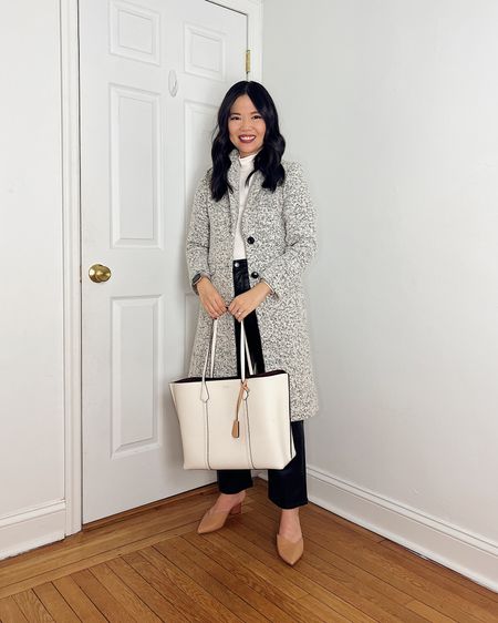 Gray coat (XSP)
Winter coat
White mock neck top (XS)
Faux leather pants (27P)
Black pants
Tory Burch Perry tote bag 
White tote bag
Tan pumps (1/2 size up)
Brown mule pumps
Neutral outfit
Winter outfit
Winter date night outfit
LOFT outfit

#LTKSeasonal #LTKfindsunder100 #LTKsalealert
