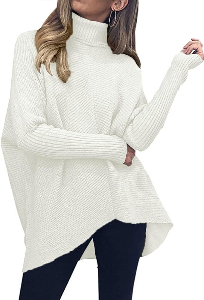 ANRABESS Womens Turtleneck Oversized Sweater 2023 Long Batwing Sleeve Asymmetric Hem Casual Knit Pul | Amazon (US)