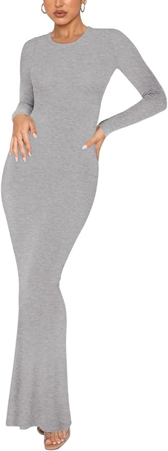 REORIA Women's Sexy Crew Neck Lounge Long Dress Elegant Long Sleeve Ribbed Bodycon Maxi Dresses | Amazon (US)
