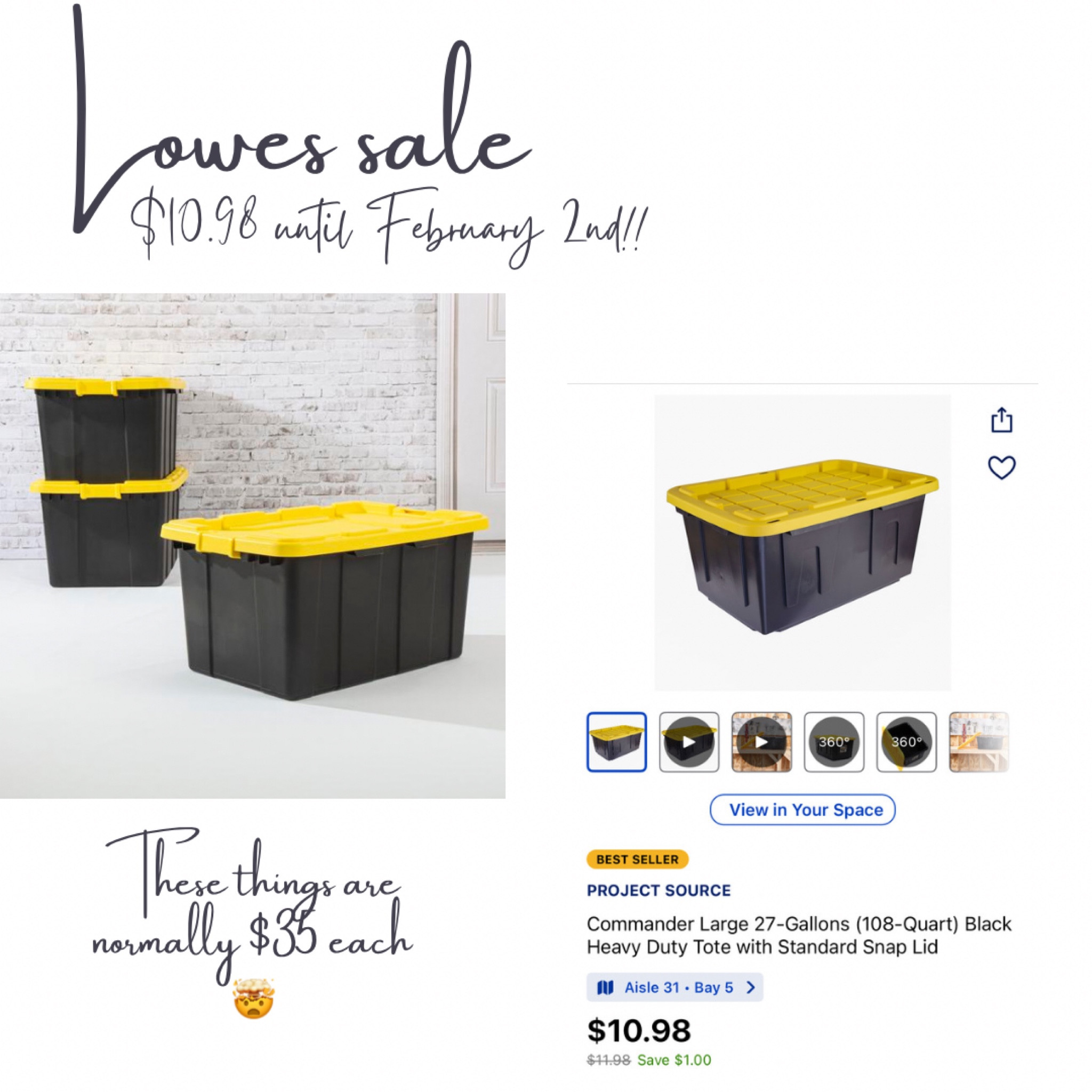 These 27gal heavy duty storage totes are the bees knees! 🐝 also only $10.98 each!! (Usually $35 each 🤯) this deal is only going until Feb 2nd so click the link and get yours today! 

#LTKfindsunder50 #LTKhome #LTKsalealert