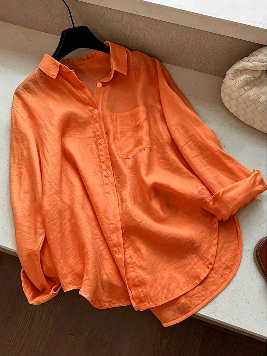Women's Minimalist Casual Solid Color Semi-Sheer Commute Front Button Curved Hem Shirt | SHEIN