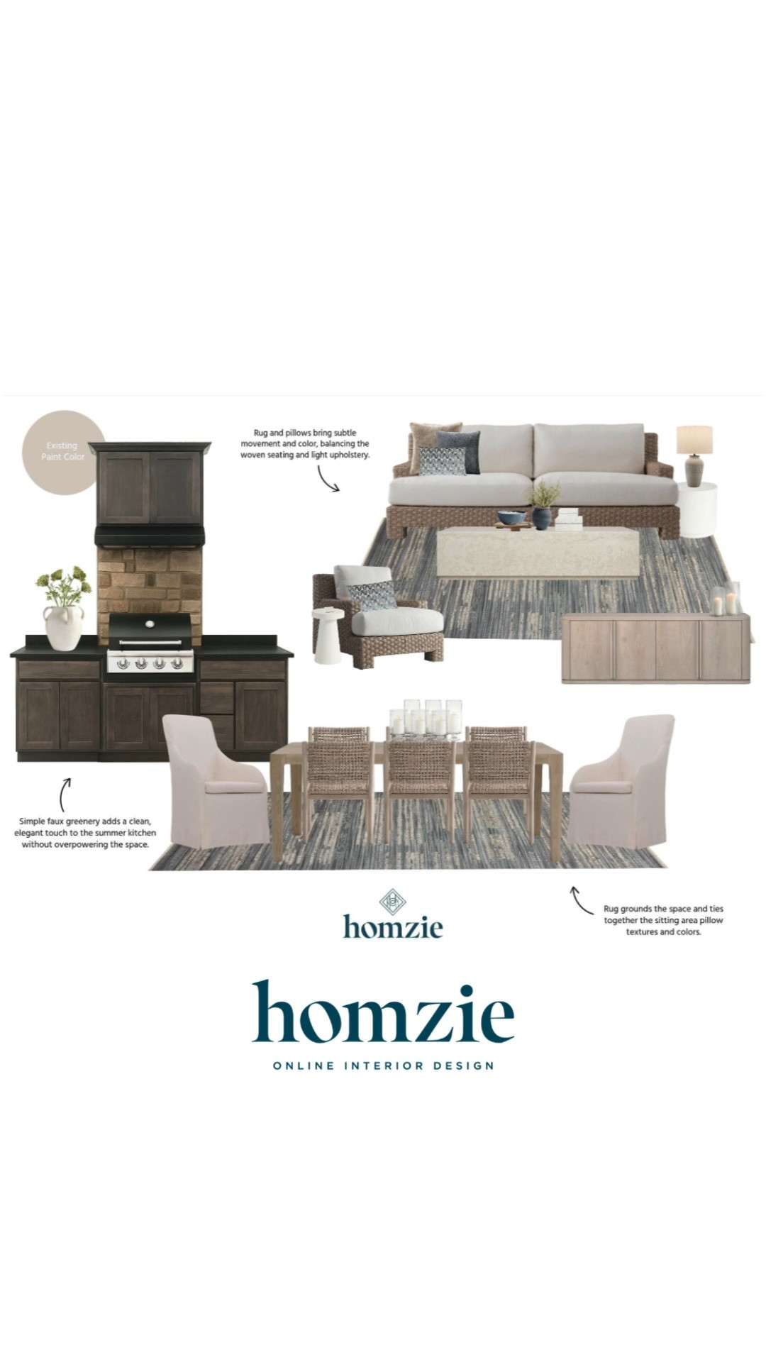 Neutral covered patio design featuring outdoor wicker furniture, dining set, outdoor kitchen, outdoor storage, rug, accent pillows, decor, etc.

#LTKHome #LTKFinds #LTKFavorites #HomeStyleDaily 

 #LTKHome