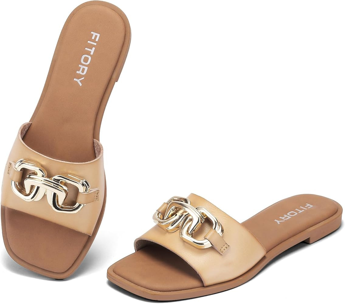 FITORY Women's Flat Sandals Fashion Slides With Soft Leather Slippers for Summer Size 6-11 | Amazon (US)