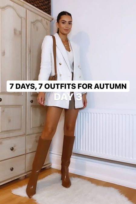 7 Days, 7 Outfits for Autumn: Day 3 🍂

White bouclé blazer, v-neck jumper, high waist shorts, brown knee high boots

#LTKSeasonal #LTKstyletip