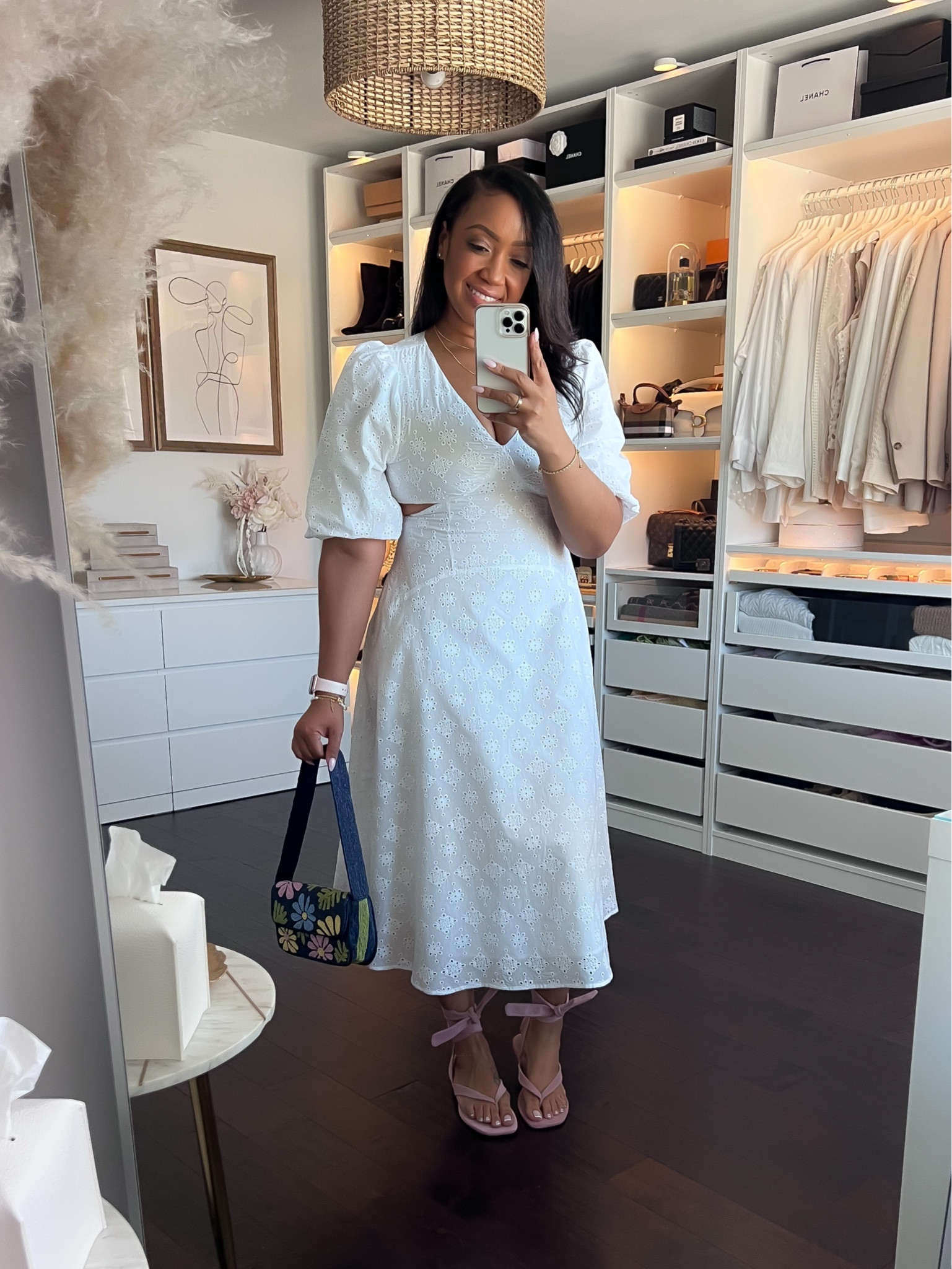 Definitely one of my favorite looks from my Walmart haul! In love with this eyelet cutout dress! Sooo flattering. Runs TTS and no stretch. I’m wearing a 12. And these sandals I LOVE! Literally sooo cute! And comfy! They run TTS and I love it paired with this beautiful beaded bag! The perfect Spring Look! 