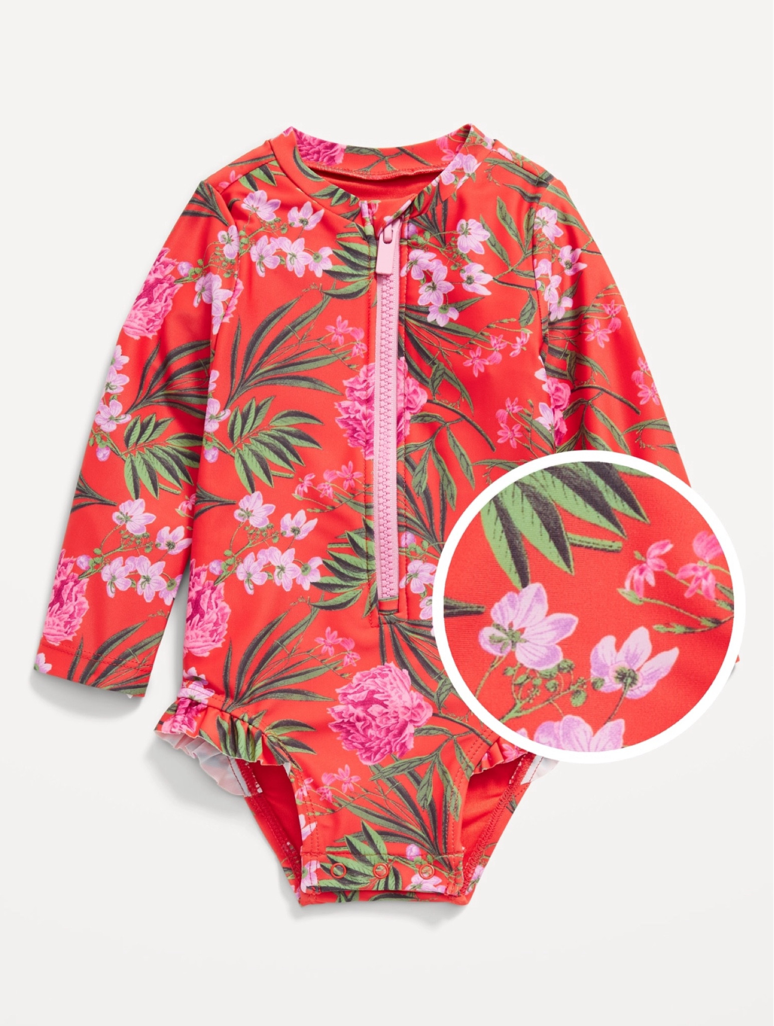 Printed Ruffle-Trim Rashguard One-Piece
Swimsuit 