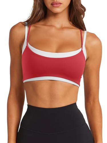 Womens Scoop Neck Workout Tops Sleeveless Cropped Workout Gym Shirts Sexy Sports Bra Cami Double Lined Summer 2026 Running Yoga Pilates Tops with Built in Bra(Red Medium) | Amazon (US)