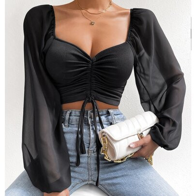 Sweetheart Neck Drawstring Lantern Sleeve Crop Top | SHEIN