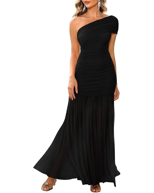 LAGSHIAN Women's Elegant Formal Long Dress One Shoulder Sleeveless Ruched Bodycon Evening Dress | Amazon (US)