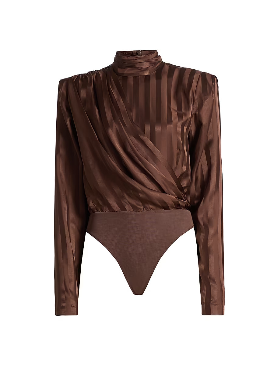 Women's Poppins Striped Satin Draped Bodysuit - Brown - Size XL | Saks Fifth Avenue