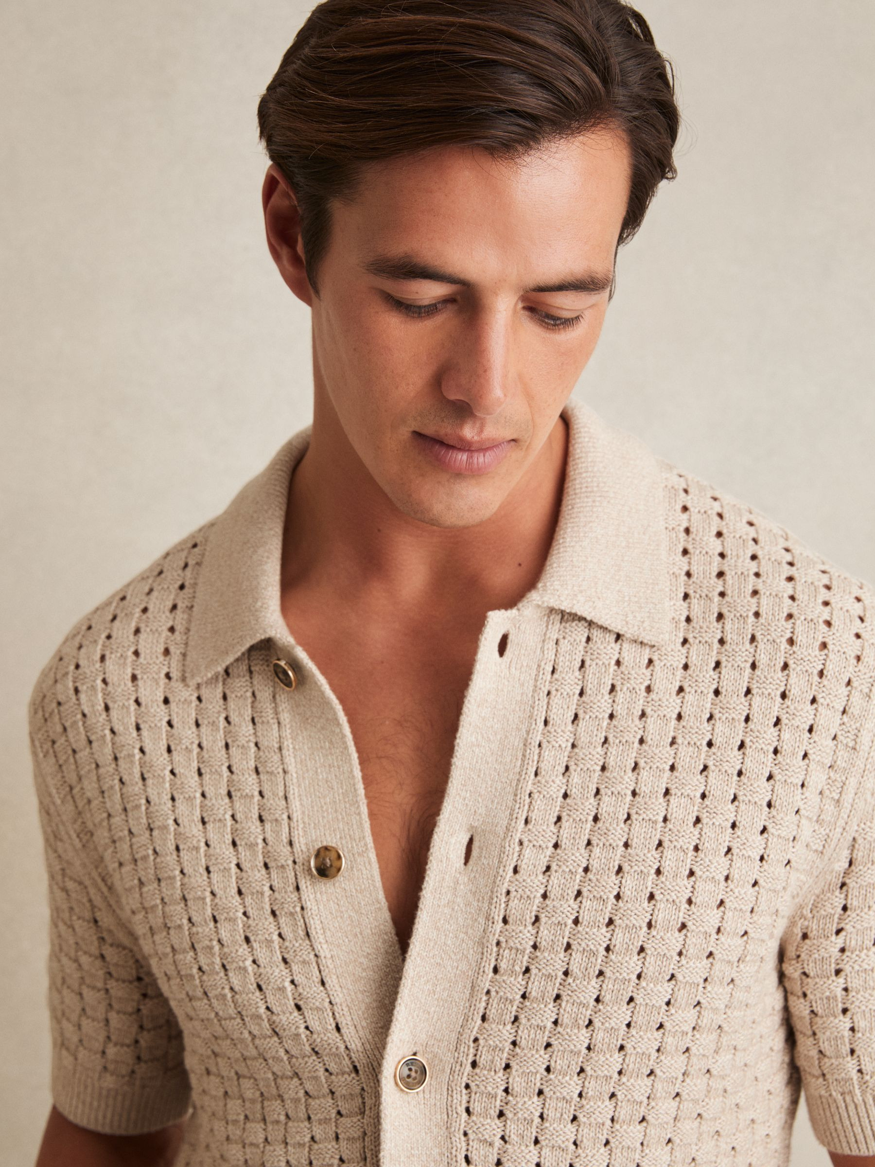 Reiss Basketweave Knit Button Through Cotton Blend Shirt in Stone | REISS | Reiss US