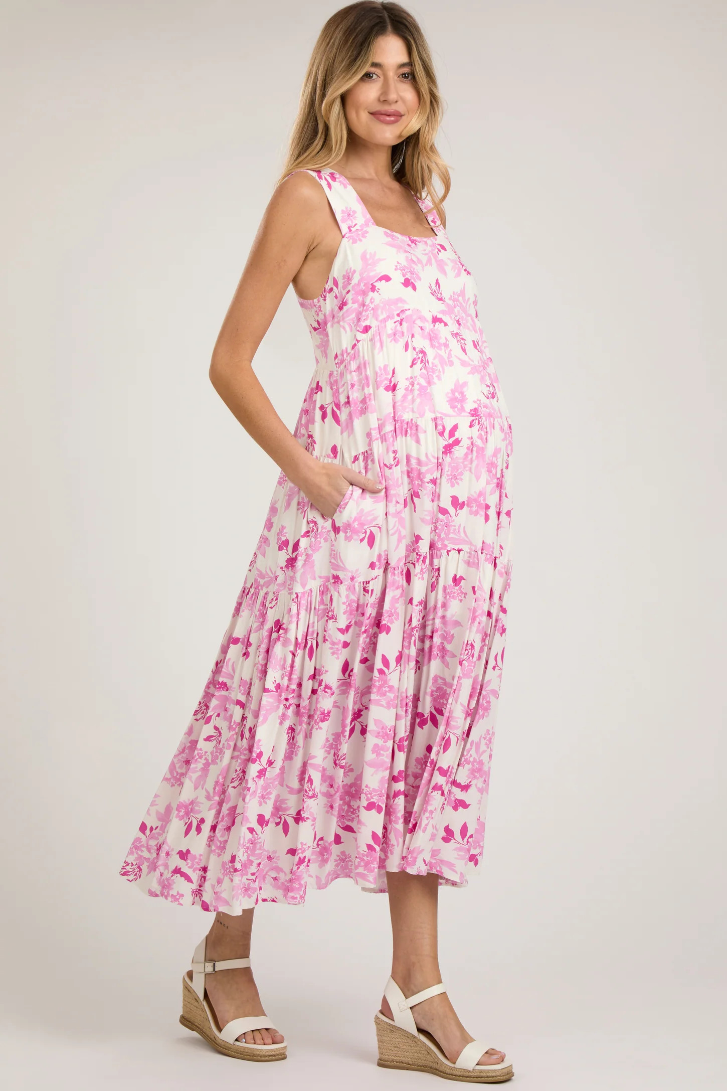 Pink Floral Sleeveless Tiered Maternity Maxi Dress | PinkBlush Maternity